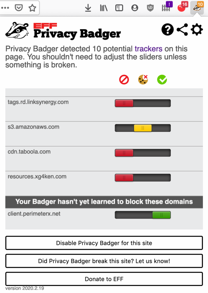Privacy Badger controls