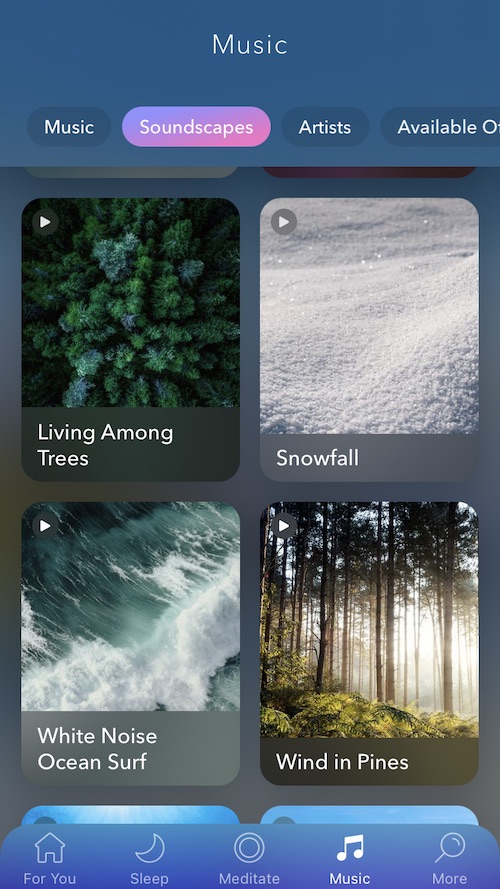 Calm Music screen. Soundscapes include "Living Among Trees", "Snowfall", "White Noise Ocean Surf", and "Wind in Pines"