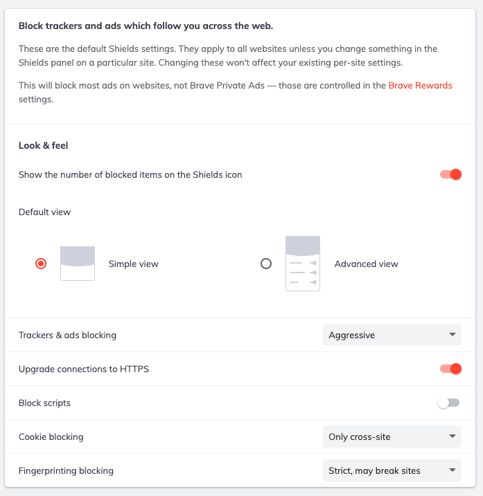 Brave browser settings for blocking trackers and ads. Includes number of blocked items, aggressive blocking, cross-site cookie blocking, and strict fingerprint blocking.
